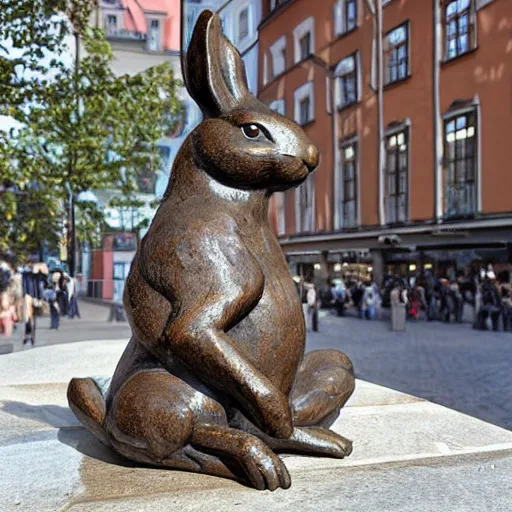 Image similar to a bronze statue of a rabbit, in stockholm, photograph