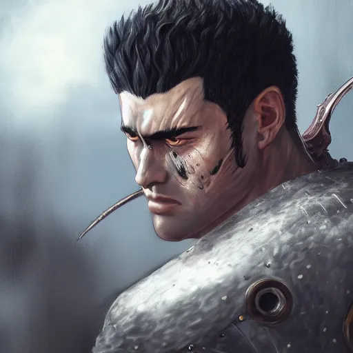 Prompt: semi realistic portrait of guts from berserk extremely detailed, made by wlop and maxwell boas