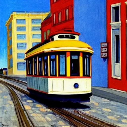 Prompt: street art. paralyzed by the indescribable beauty of the cosmos. amazing view of the tram from lisbon. art style by edward hopper daring, incredible