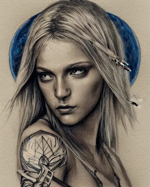 Image similar to tattoo sketch of beautiful greek goddess aphrodite holding a bow and arrow, arrowhead earrings, beautiful piercing eyes, flowing blonde hair, realistic face, hyper realistic, in the style of greg rutkowski, fantasy, amazing detail, epic, intricate, elegant, smooth, sharp focus