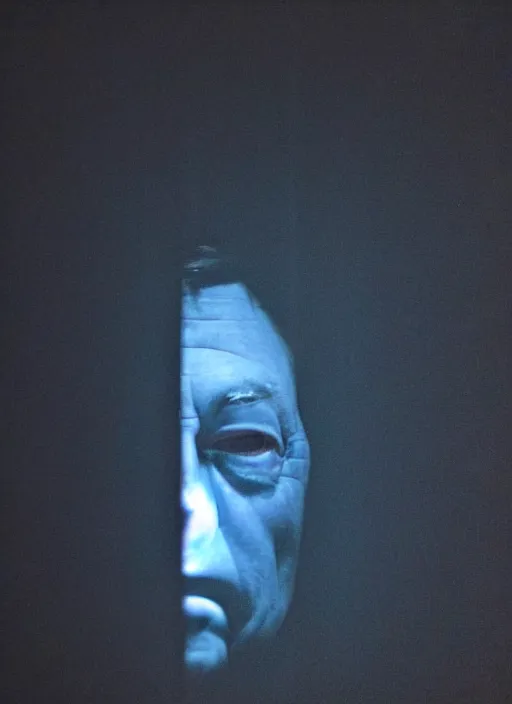 Image similar to dark photo of dark blue rainy bedroom window at night, dimly lit creepy face of elon musk staring in through the window, horror, scary face,