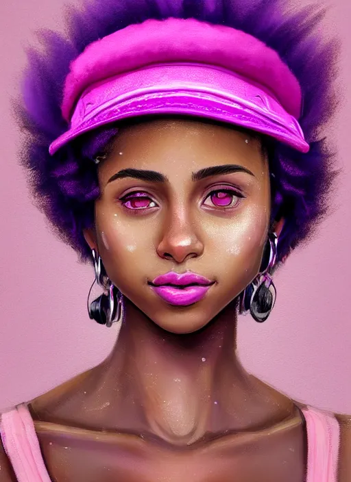 Image similar to portrait of vanessa morgan, black teenage girl, pink hair, wavy pixie haircut, purple newsboy cap, fluffy pink hair coming out from under cap, hoop earrings, subtle confident smile, intricate, elegant, glowing lights, highly detailed, digital painting, artstation, concept art, sharp focus, illustration, art by wlop, mars ravelo and greg rutkowski