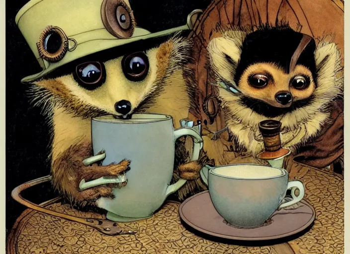 Image similar to an steampunk lemur having a cup of tea, muted colors, by rebecca guay, michael kaluta, charles vess and jean moebius giraud