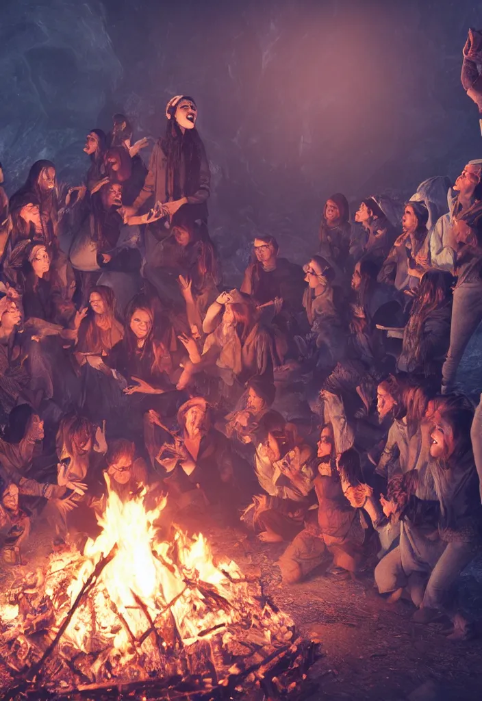 Prompt: epic leader pregnant woman talking to all her tribe around a bonfire, proud people looking at the pregnant woman, ice cave, facinating, fantasy digital art, octane render, beautiful composition, trending on artstation, award - winning photograph, masterpiece