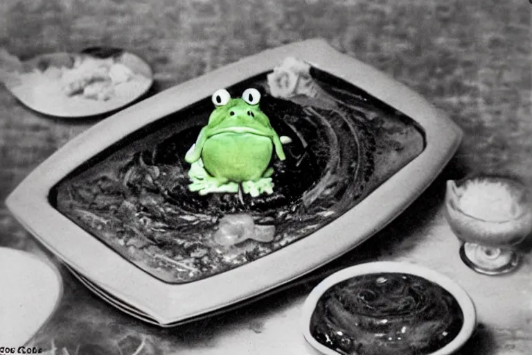 Prompt: anime frog and cheese aspic, cookbook photo 1 9 8 2,