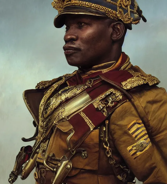 Prompt: portrait of an south african man wearing a traditional nineteenth century south african empire military uniform, metal shoulder pauldrons, intricate, highly detailed, digital painting, artstation, concept art, sharp focus, cinematic lighting, illustration, art by artgerm and greg rutkowski, alphonse mucha, cgsociety