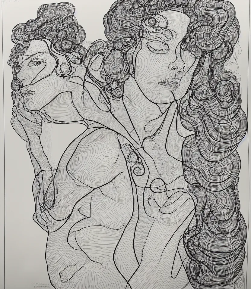 Image similar to detailed line art portrait of hang williams, inspired by egon schiele. contour lines, musicality, twirls, curls, curves, confident personality