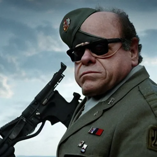 Image similar to Danny Devito as a soldier in a movie directed by Christopher Nolan, movie still frame, promotional image, imax 70 mm footage