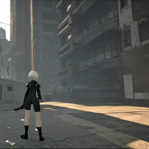 Image similar to 2B nier automata in Half life 2, 4k screenshot of Half life 2 gameplay, 8k hdr showcase