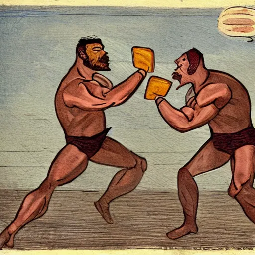 Prompt: two muscular men fighting over the last sandwich on earth, photorealistic