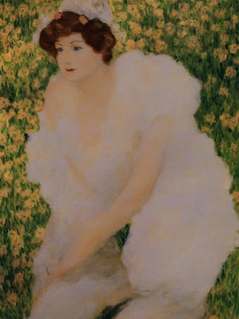 Image similar to portrait of < zelda fitzgerald > as a beautiful young lady wearing 1 9 2 0 s fashion, blurry face, brown hair, slim, fair, severe out of focus, depth of field, pleinairism, in the sun, backlit, closeup, oil on canvas, atr by monet, in the style of le promenade, smooth, impressionnisme, 8 k