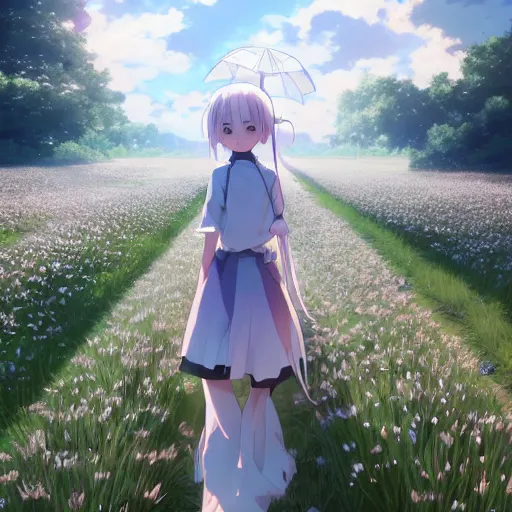 Prompt: portrait of the girl walking through the floss flower field, anime fantasy illustration by tomoyuki yamasaki, kyoto studio, madhouse, ufotable, square enix, cinematic lighting, trending on artstation