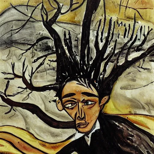 Image similar to The painting shows a man caught in a storm, buffeted by wind and rain. He clings to a tree for support, but the tree is bent nearly double by the force of the storm. The man's clothing is soaked through and his hair is plastered to his head. His face is contorted with fear and effort. Mediterranean by Bernard Buffet earthy