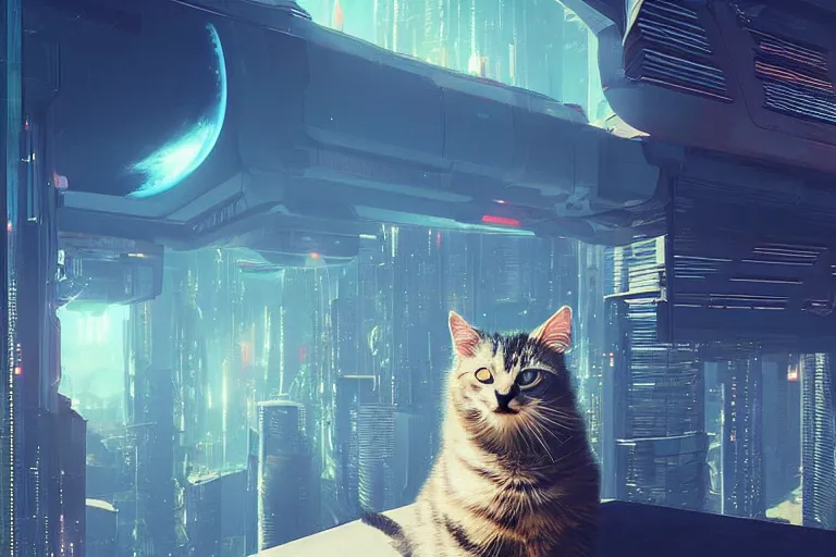 Prompt: cat high up in the sky, cyberpunk art by mike winkelmann, trending on cgsociety, retrofuturism, reimagined by industrial light and magic, darksynth, sci - fi