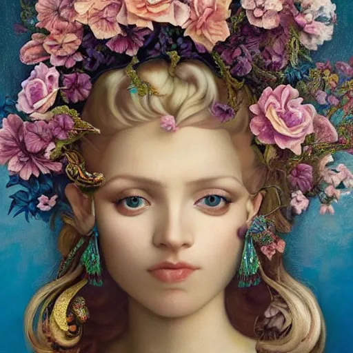 Image similar to centered portrait composition, woman with blonde hair full of spring flowers wearing ornate earrings, ornate gilded details, pastel colors, a surrealist painting by tom bagshaw and jacek yerga and tamara de lempicka and jesse king, wiccan, pre - raphaelite, featured on cgsociety, pop surrealism, surrealist, dramatic lighting