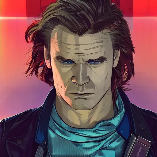 Image similar to [UHD MacGyver as a GTA character on the streets of futuristic laserpunk Dallas, correct face, intricate facial details, symmetrical face, elegant, graphic detail, digital painting, trending on artstation, concept art, tonalism, sharp focus, illustration, art by Akira Toriyama and Greg Rutkowski and Alphonse Mucha]