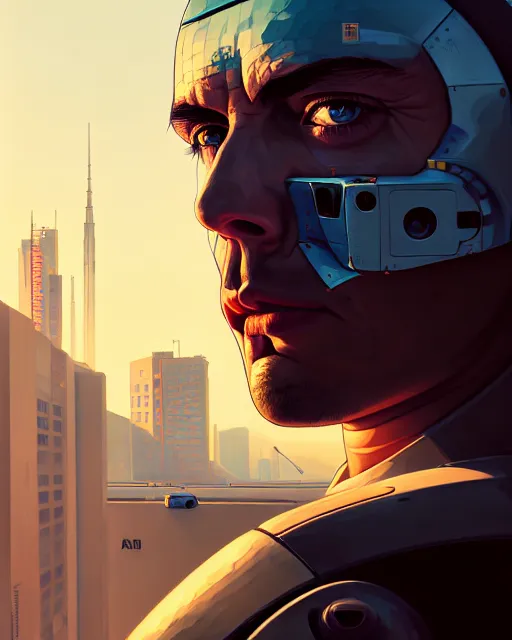 Image similar to hyper - realistic portrait of a damaged and broken robot, gta v cover art, celshading, sharp focus, intricate, detailed, rhads, andreas rocha, makoto shinkai, lois van baarle, ilya kuvshinov, greg rutkowski, dynamic lighting, grunge aesthetic, 4 k