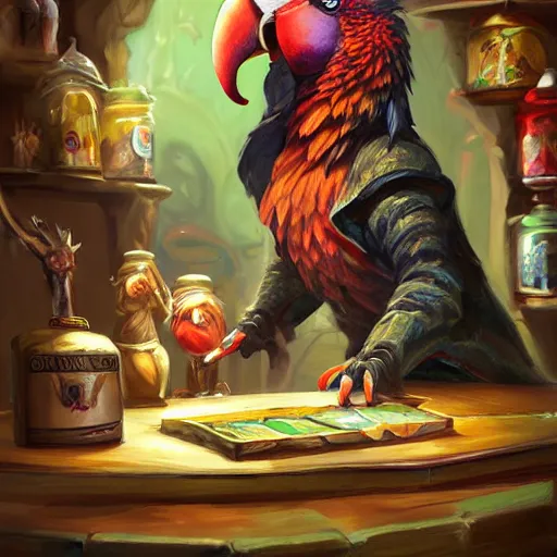 Image similar to Magic the gathering artwork of Anthropomorphized parrot trader in his shop, shelves full, selling a gem, portrait, items, magic potions, carpet, window, fancy funny hat, sly expression , cunning expression, cute expression, presenting magic gem, D&D, fantasy, cinematic lighting, highly detailed, digital painting, artstation, concept art, smooth, sharp focus, illustration, warm light, cozy warm tint, magic the gathering artwork, volumetric lighting, 8k, no gold, no gold colours, art by Akihiko Yoshida and Greg Rutkowski