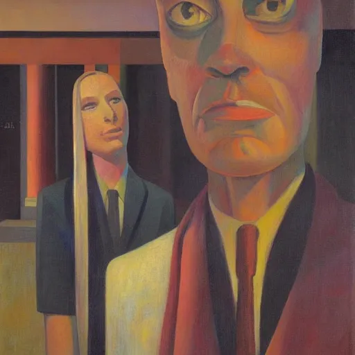 Image similar to three brutalist seers watchers oracles soothsayers portrait, pj crook, grant wood, edward hopper, syd mead, oil on canvas