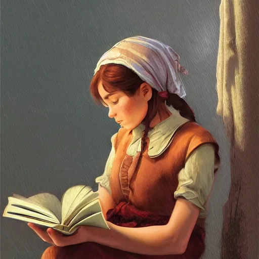 Prompt: village girl reading a book, highly detailed, digital painting, artstation, concept art, art by artgerm and Johfra Bosschart