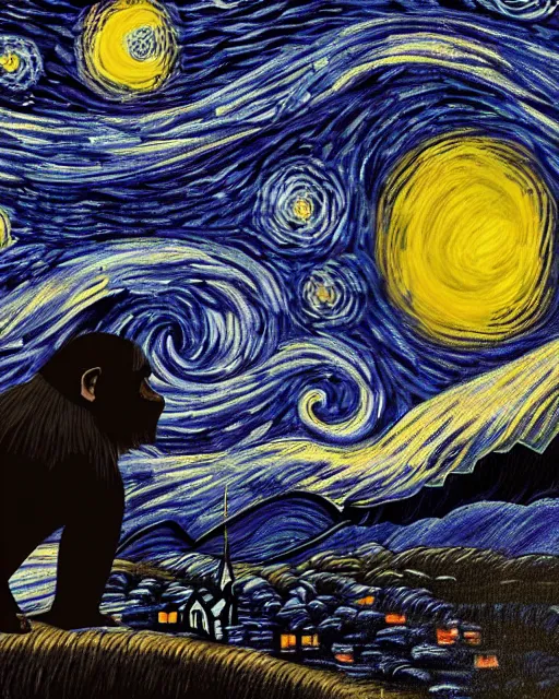 Prompt: very detailed high resolution illustration of a mystical chimpanzee, backlit, starry night, surrounded, 3 d, 8 k, extremely detailed, artstation, award winning