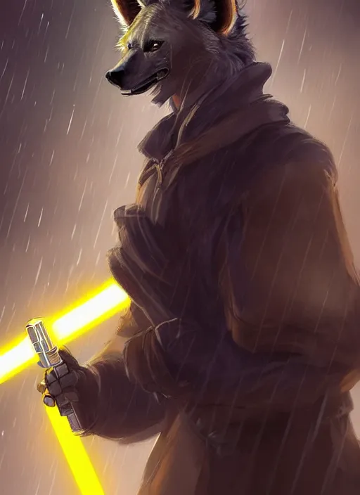 Image similar to beautiful portrait commission of a male furry anthro hyena fursona wearing jedi robes and wielding a yellow lightsaber in a cyberpunk city at night in the rain. character design by charlie bowater, ross tran, artgerm, and makoto shinkai, detailed, inked, western comic book art
