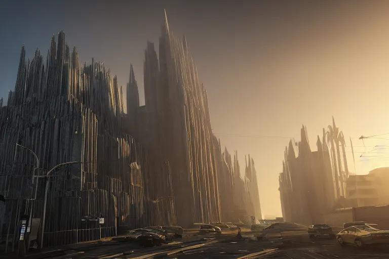 Image similar to streetscape, a towering cathedral of brutalist architecture, buildings covered with greebles, stunning volumetric light, sunset, metal, concrete and translucent material, stunning skies, majestic landscape, trending on Artstation, 8k, photorealistic, hyper detailed, unreal engine 5, IMAX quality, cinematic, epic lighting, in the style of Greg Rutkowski