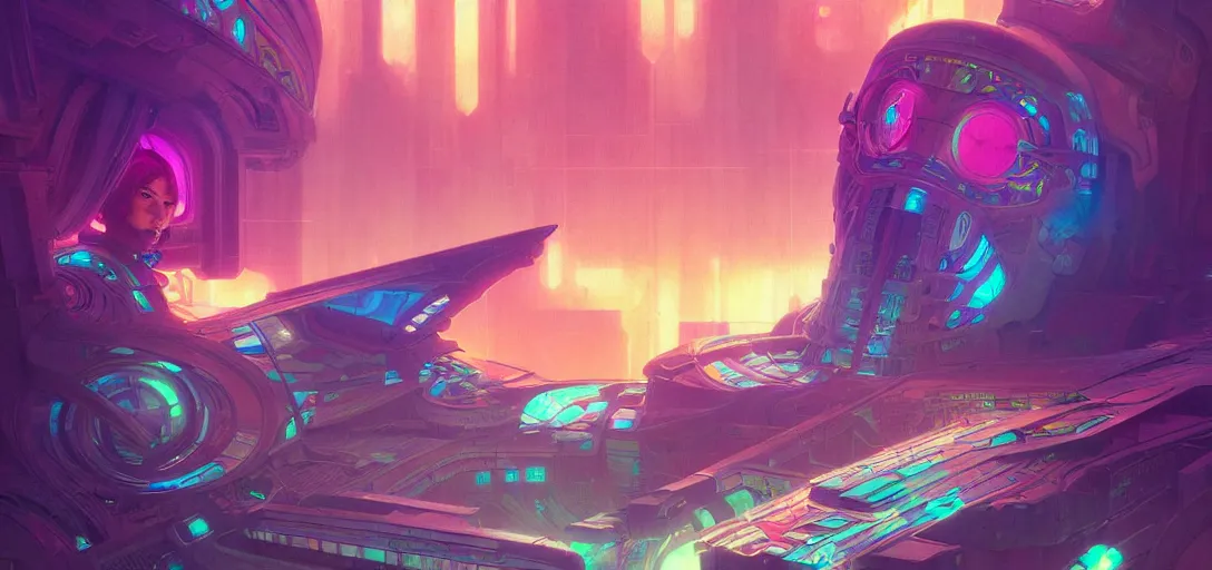 Image similar to a cybernetic temple, vaporwave aesthetic, colorful, psychedelic, digital painting, artstation, concept art, smooth, sharp focus, illustration, art by artgerm and greg rutkowski and alphonse mucha