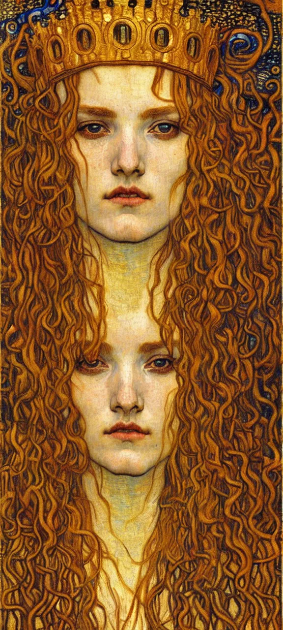 Image similar to detailed realistic beautiful young medieval queen face portrait by jean delville, gustav klimt and vincent van gogh, art nouveau, symbolist, visionary, gothic, pre - raphaelite, muted earthy colors, desaturated