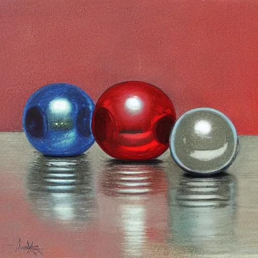 Prompt: chrome spheres on a red cube by mary beale