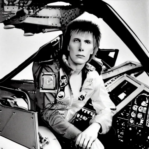Prompt: photograph of ziggy stardust sitting in the front seat of a grumman f - 1 4 tomcat, hyperrealistic, detailed,