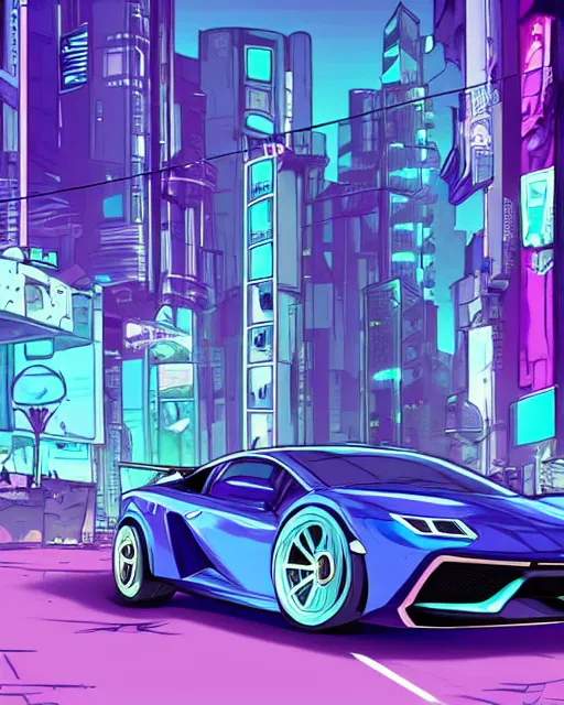 Image similar to cel shaded art of a pretty blue haired girl standing next to a purple lamborghinil, cyberpunk city street background
