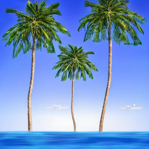 Prompt: surreal palm trees floating floating floating in blue sky, random positions long stems. floating, flying