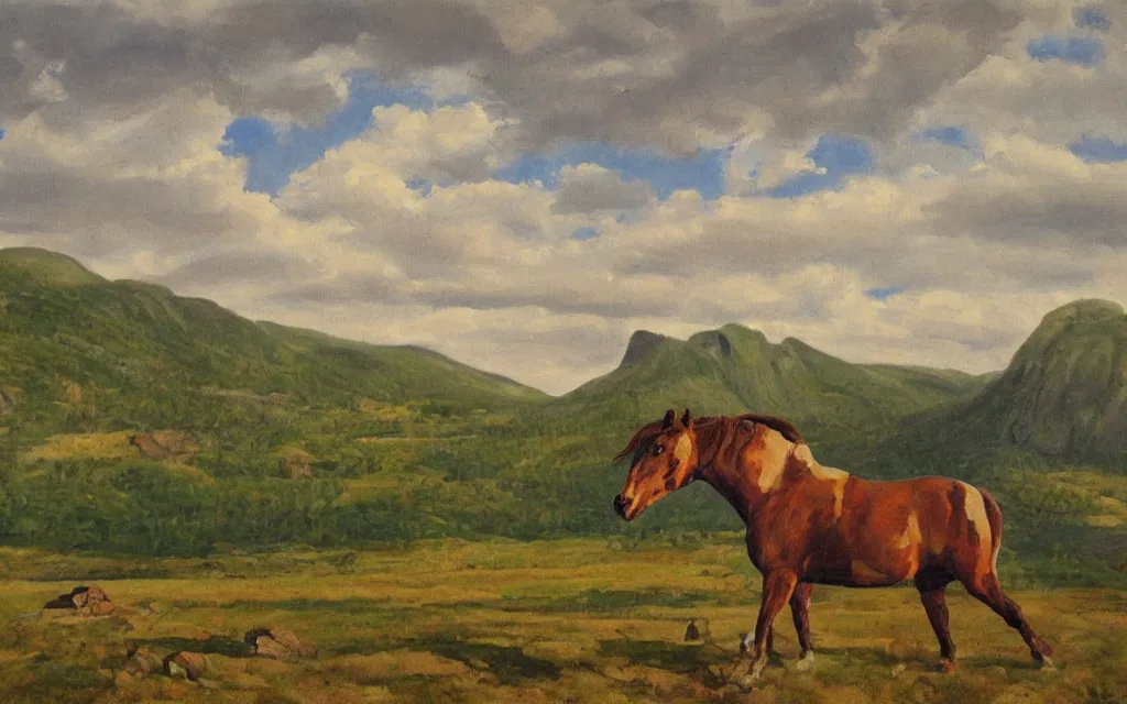 Prompt: a painting of a crazy horse during a heatwave in norway countryside, oil on canvas, by constantin hansen