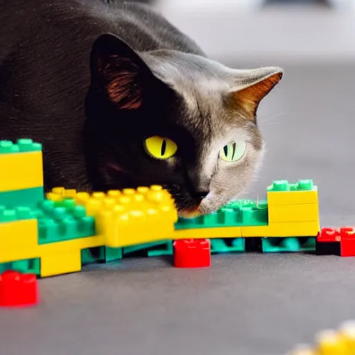 Image similar to a cat destroying a lego city