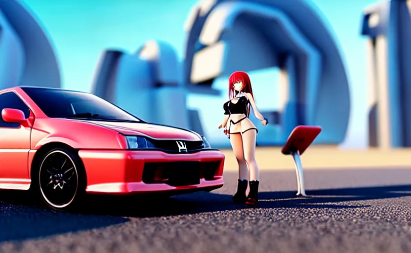 Prompt: photograph of a cell-shaded Honda EK9 Type-R with an anime girl, on a desert road with a futuristic city in the horizon, one point perspective, 1-point perspective, tilt shift, sigma 85mm f/1.4, 4k, depth of field, high resolution, 4k, 8k, hd, full color