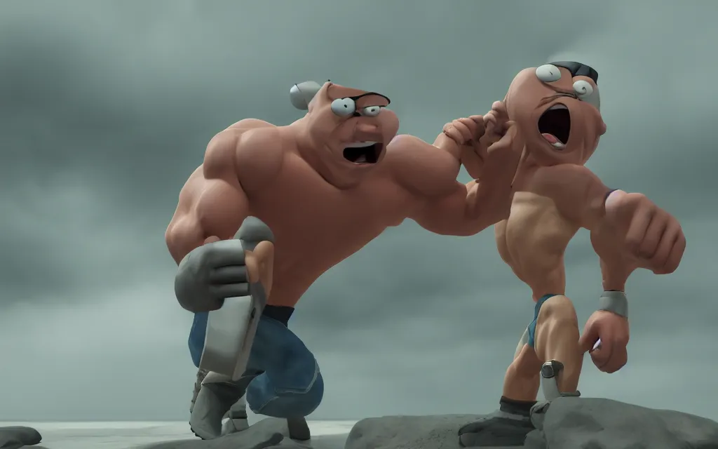 Prompt: muscle man from regular show, atmospheric, mist, epic, photorealistic, realistic, rule of thirds, extremely detailed, 4 k, 8 k, unreal engine 5 render, rim lighting, rtx, ray traced lighting, shot on 3 5 mm, film grain
