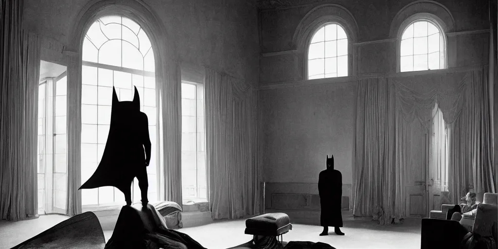 Image similar to Batman standing in a giant Italian modern castle living room, clean minimalist design, that is 1300 feet tall, with very tall giant walls filled with modern art paintings, doors that are cosmic portals, photo by Annie Leibovitz