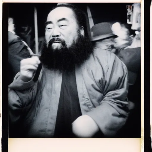 Prompt: Confucius at a rap battle, 90s polaroid, by Saul Leiter, Jamel Shabazz, Nan Goldin