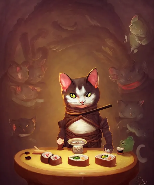 Image similar to a portrait of an anthropomorphic ninja cat eating sushi,, standing in a restaurant surrounded by mice!, cute and adorable, dnd character art portrait, well rendered matte fantasy painting, deviantart artstation, by jason felix by steve argyle by tyler jacobson by peter mohrbacher, cinematic lighting