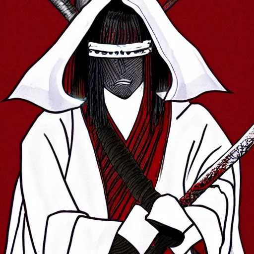 Prompt: samarai cloaked in white with swords, standing in light beam of a dark cave, ruby red sorrow, high quality, ultra detail,
