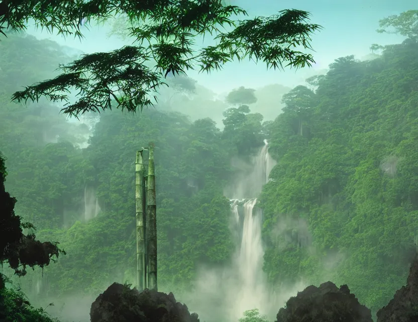 Prompt: a cinematic widescreen photo of ancient japanese temples in a misty bamboo cloud forest with colossal waterfalls at dawn by studio ghibli by roger dean