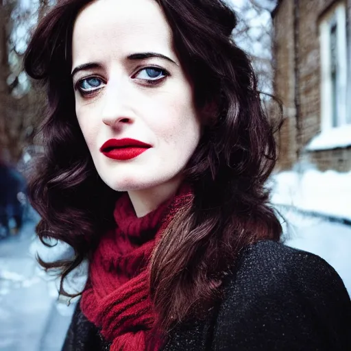 Image similar to closeup portrait of eva green in a winter london street, photograph, natural light, sharp, detailed face, magazine, press, photo, Steve McCurry, David Lazar, Canon, Nikon, focus