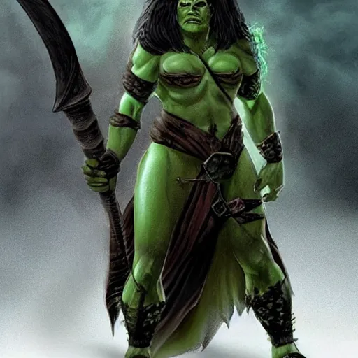 Image similar to thorkana orc woman with human features in her 5 0's, legendary soldier, high rank, mother of two boys, loving, happy, fierce, symmetrical face, green skin, dark hair with some grey, giant axe on her back, chest up portrait, dungeon's and dragon's, dark souls boss