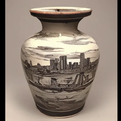 Image similar to a beautiful, ancient, greek amphora container, museum item, with drawings of new york's skyline