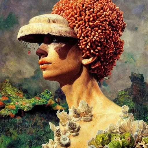 Image similar to a sculpture portrait made of smoke mushrooms and coral reefs and crystals and plants, painting part by wojciech siudmak, part by ilya repin, part by max ernst, part by norman rockwell, artstation