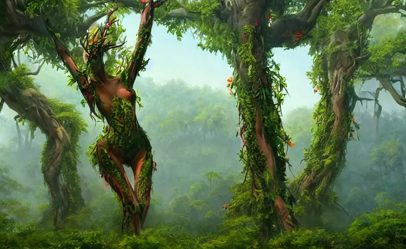 Prompt: a beautiful painting of exotic forest. each tree is in the shape of female body with branches growing from the arms, by james gurney, unreal engine, trending on artstation.