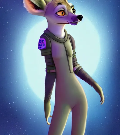 Image similar to digital detailed full body of anthromorphic female hyena, in style of zootopia, fursona, furry, furaffinity, 4 k, deviantart, wearing astronaut outfit, in style of zootopia, floating in space, space background, in deep space, dark background, hyena fursona, cyberpunk, female, detailed face,