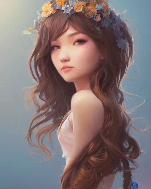 Image similar to beautiful girl brown blob hair, cute, intricate, highly detailed, digital painting, trending on artstation, concept art, smooth, sharp focus, backlit, rim light, vivid colors, illustration, unreal engine 5, 8 k, art by rossdraws and alphonse mucha