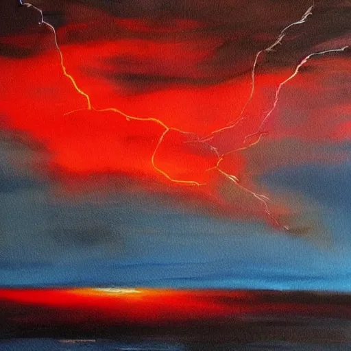 Prompt: nice picture. red lightning in the sea. painting